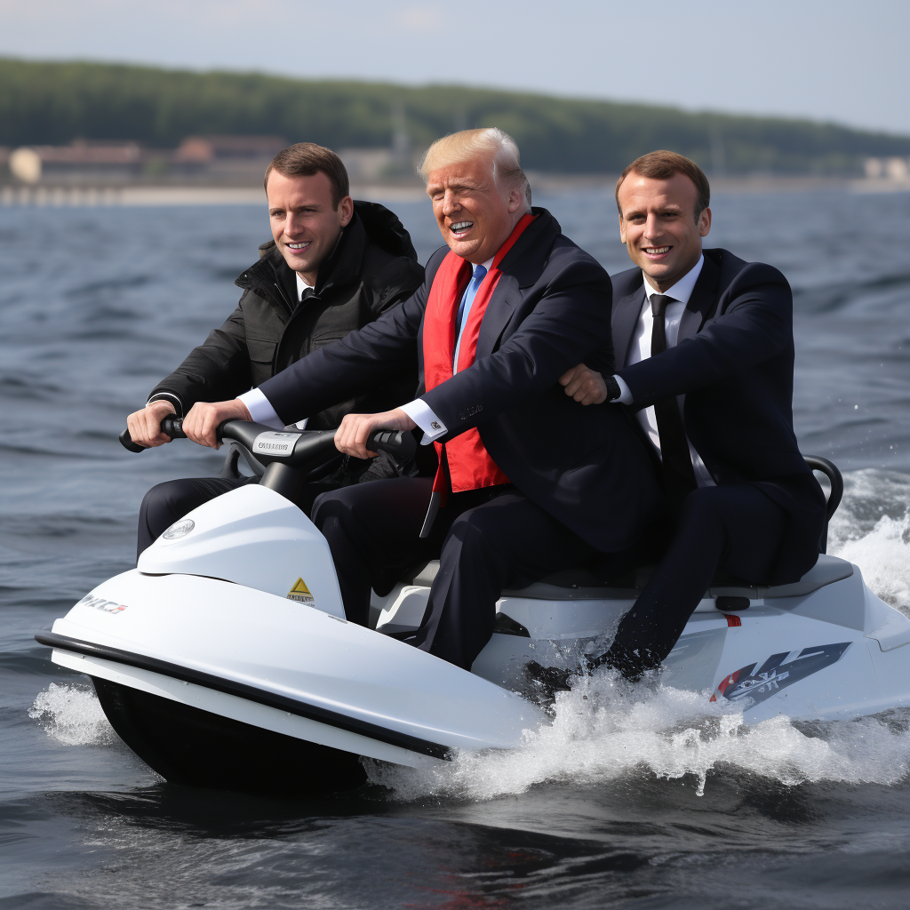 Leaders Macron, Putin, and Trump riding jet skis