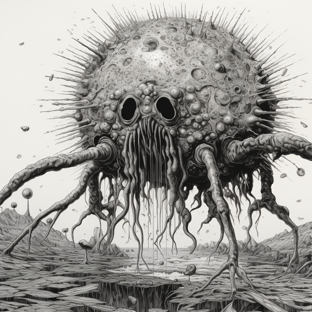 Macrophage engulfing bacterium in Junji Ito style