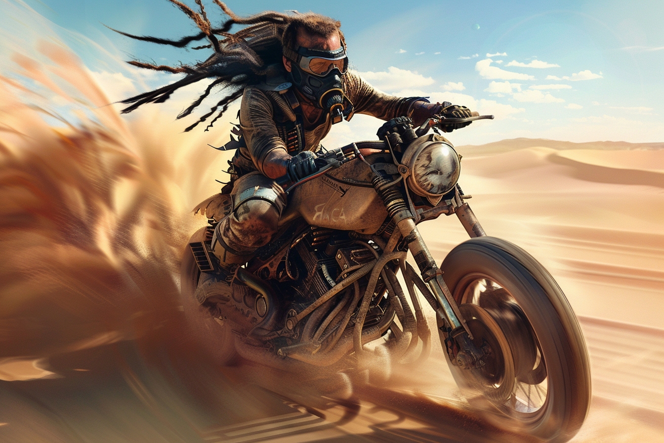 Motorcycle speeding through desert with dreadlocks and goggles