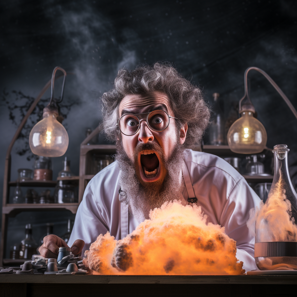 Mad scientist with experiment exploding in face