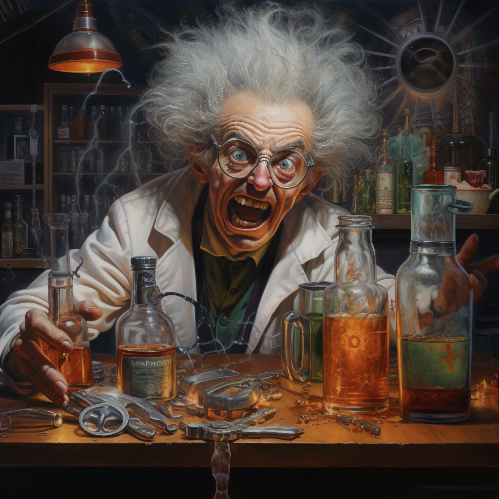 A realistic portrayal of a mad scientist with beer