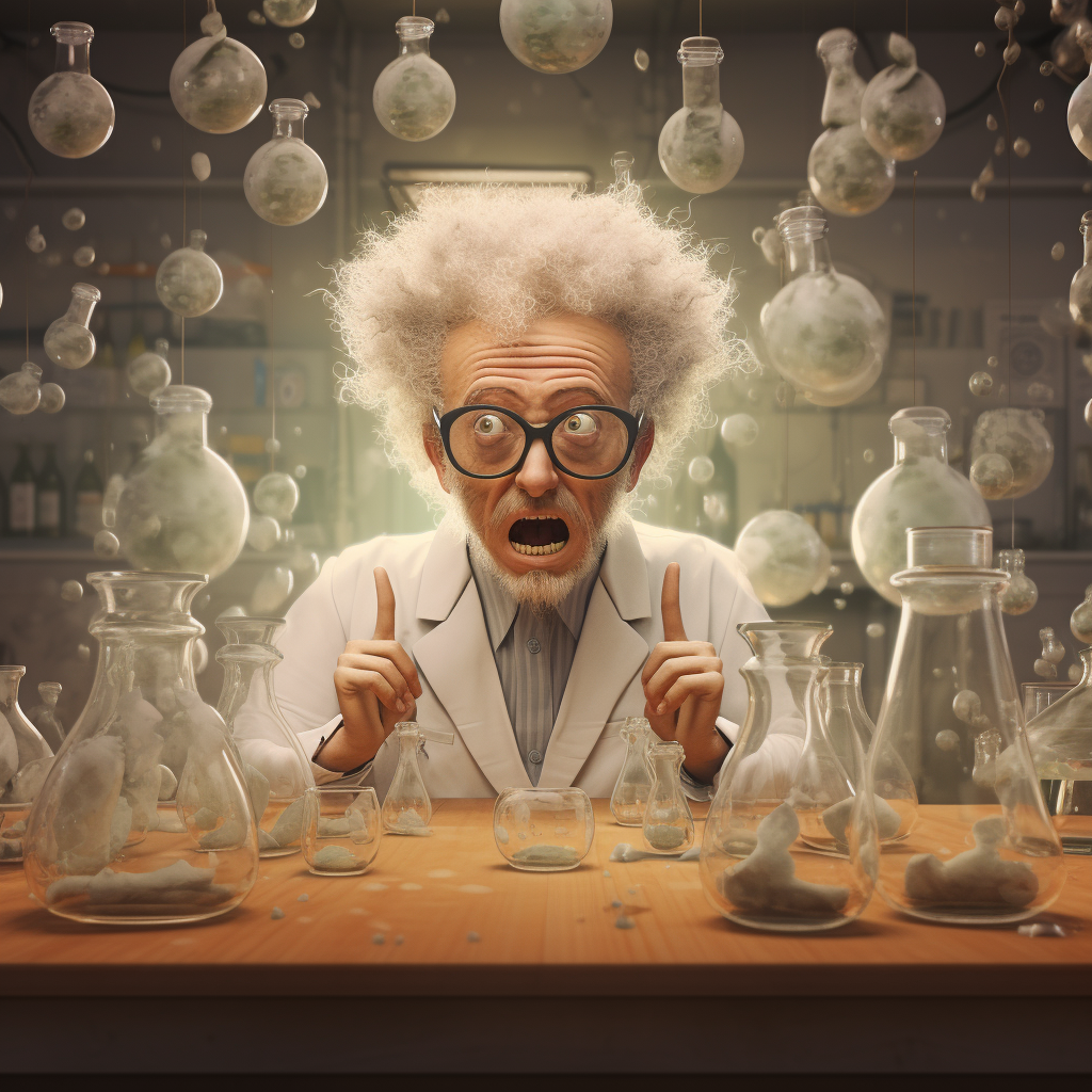 Mad scientist analyzing colorful beakers in science lab