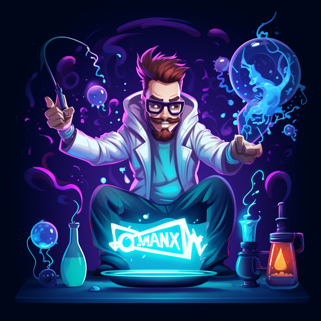 Mad scientist mixing neon liquids in flask