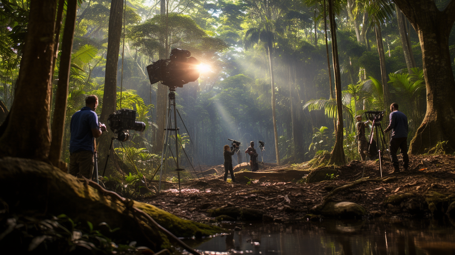 Filming crew in Madagascar jungle, symmetrical shot