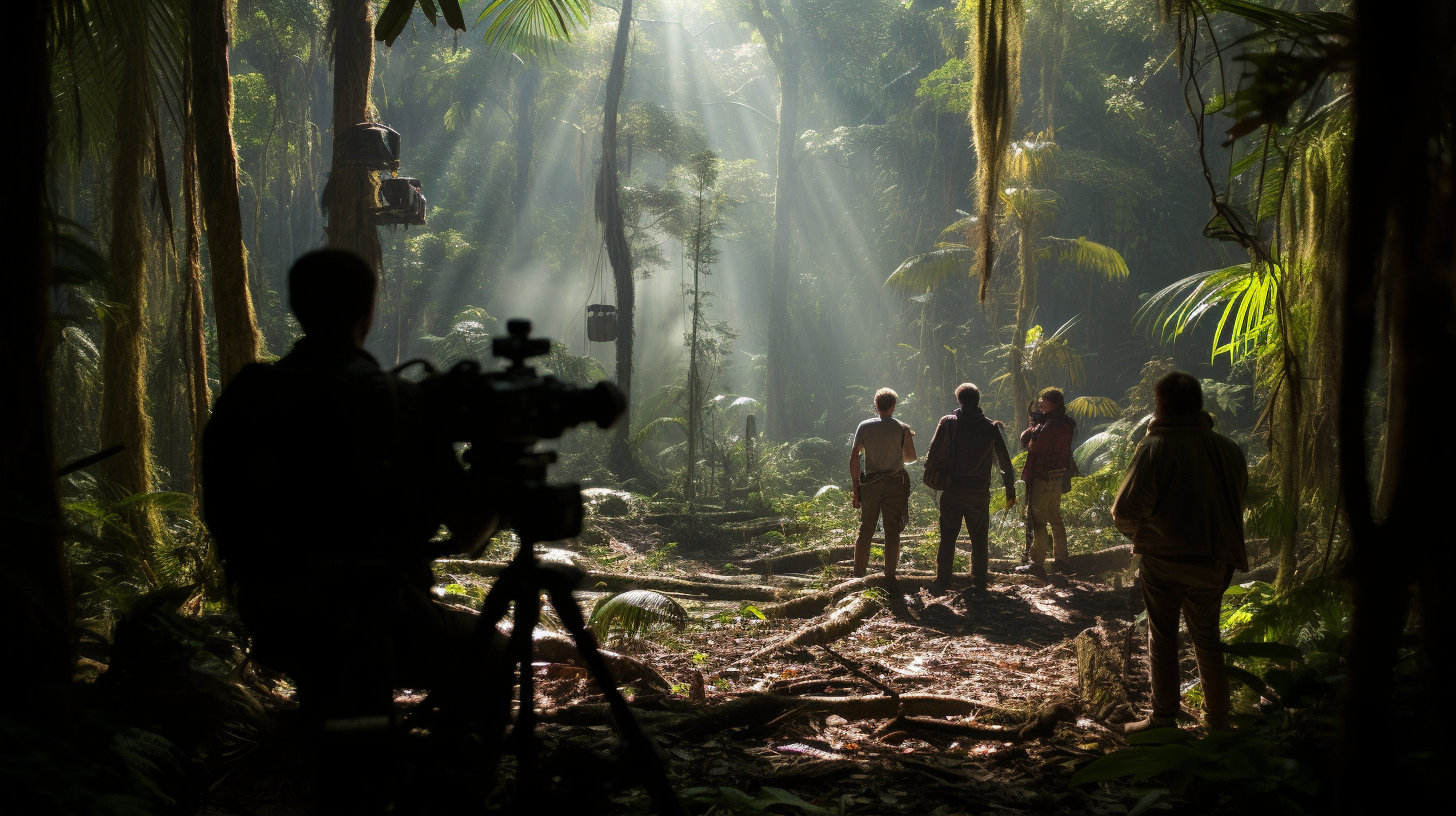 Cinematic shot of filming crew in Madagascar jungle