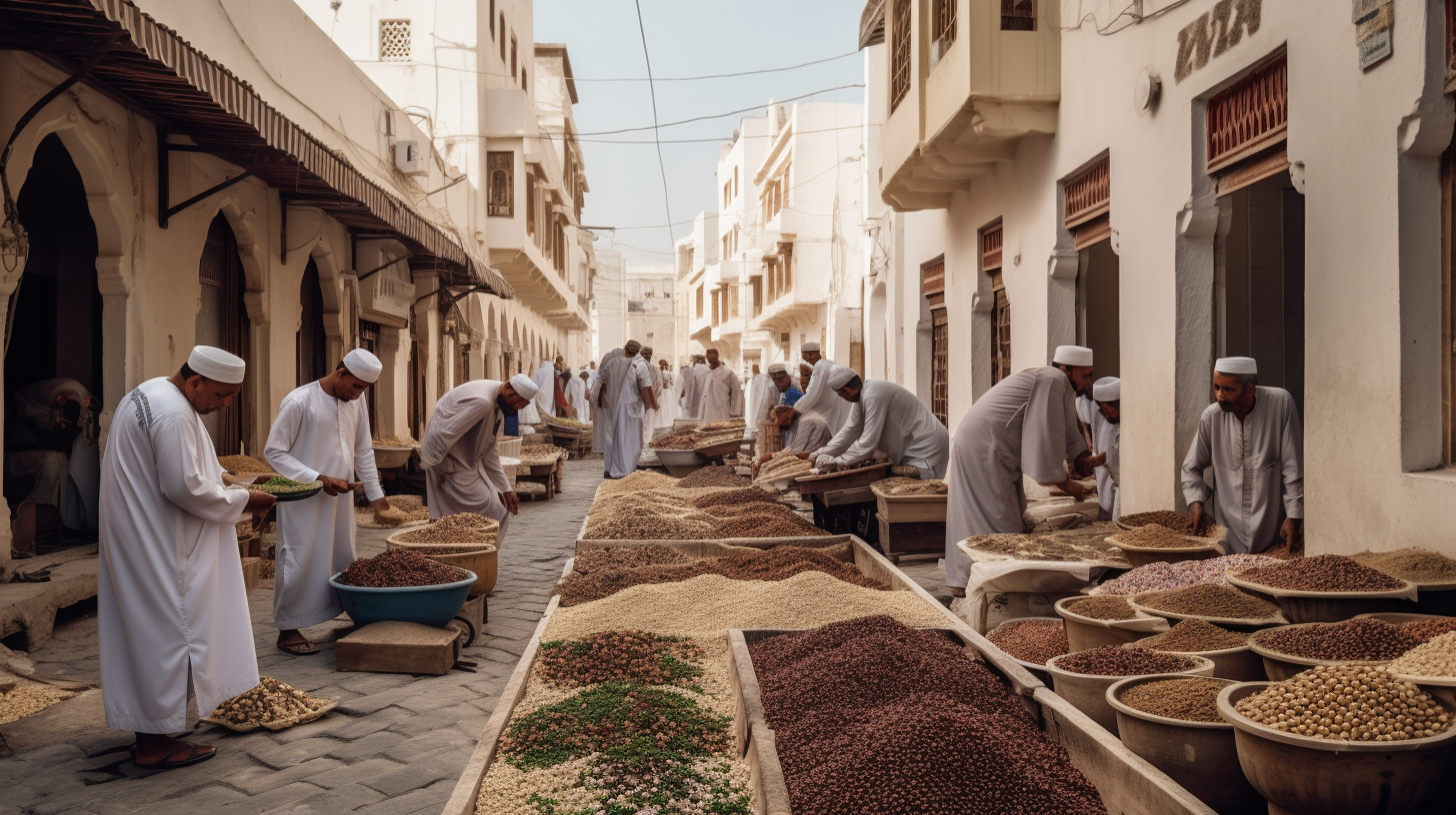 Colorful display of spices and textiles in Madha Oman