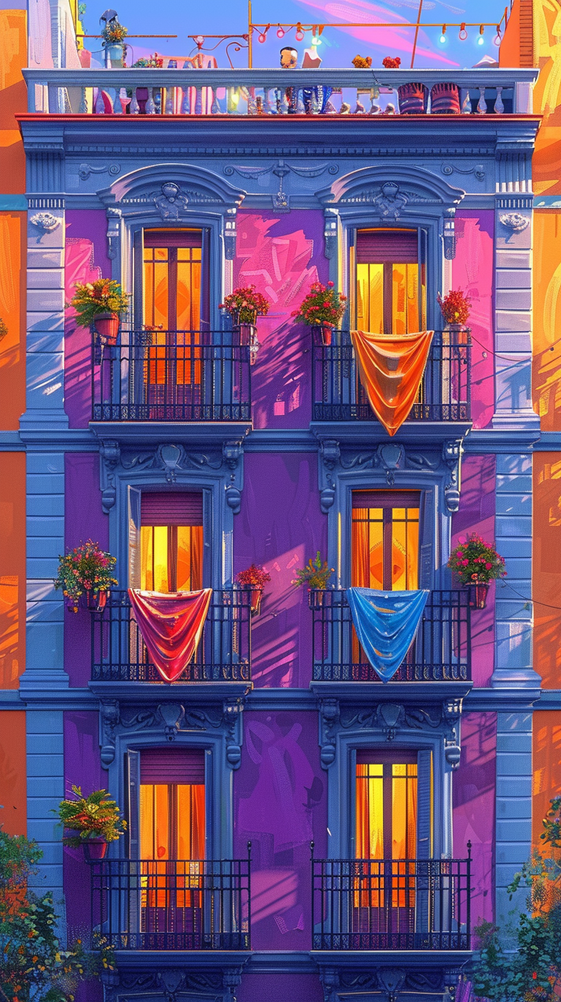 classic building in Madrid with colorful scarves