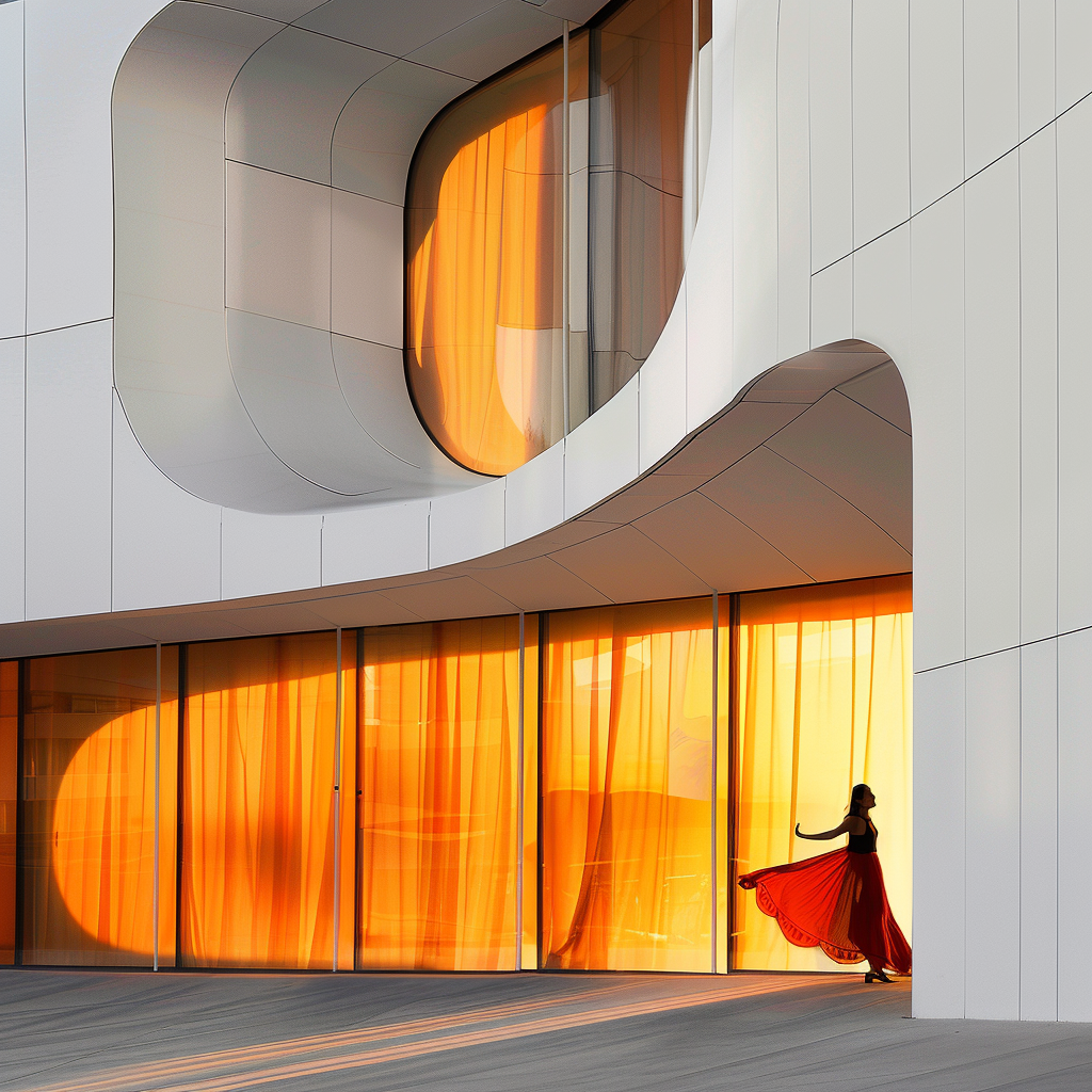 Contemporary Madrid building with dancer