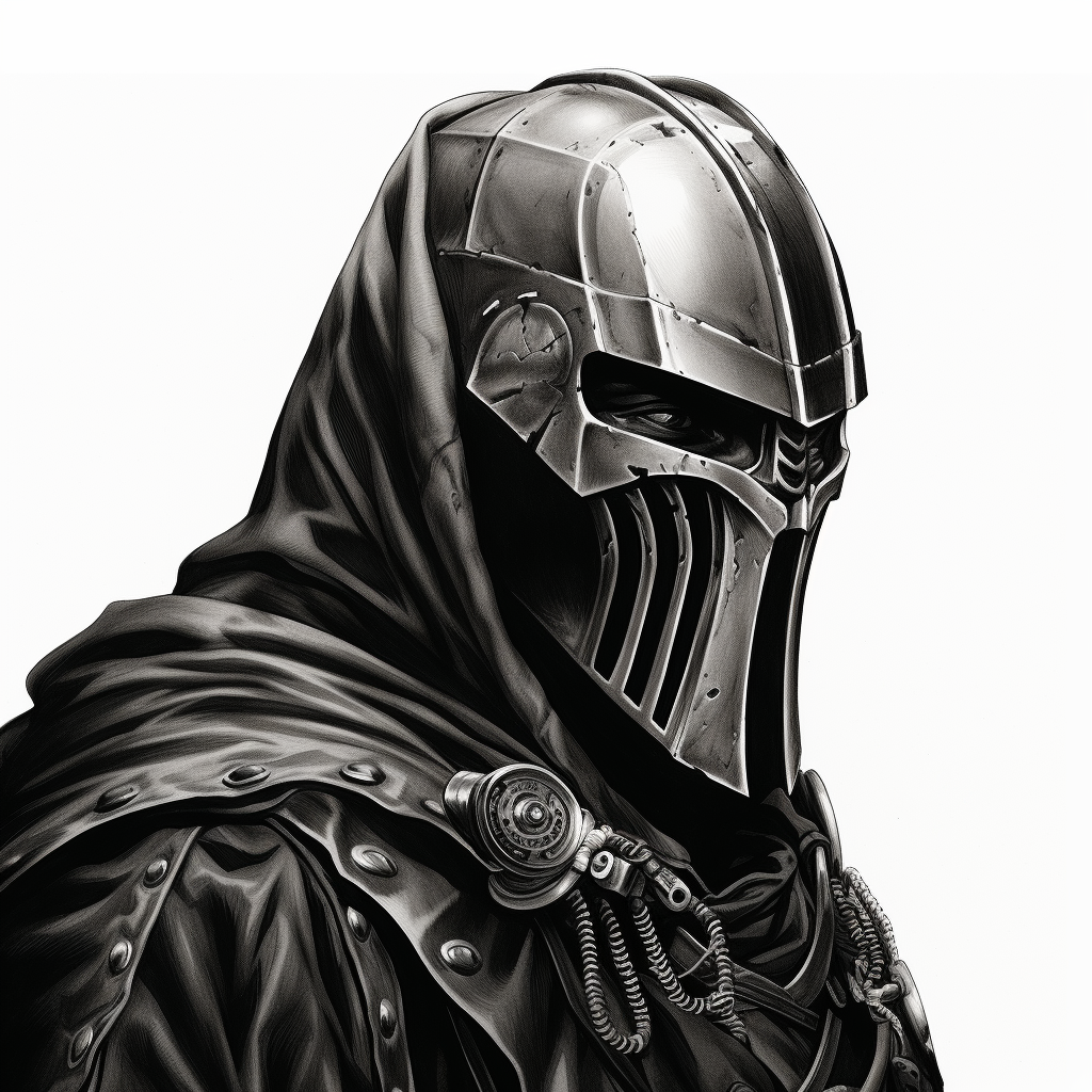 Realistic black and white image of MF DOOM