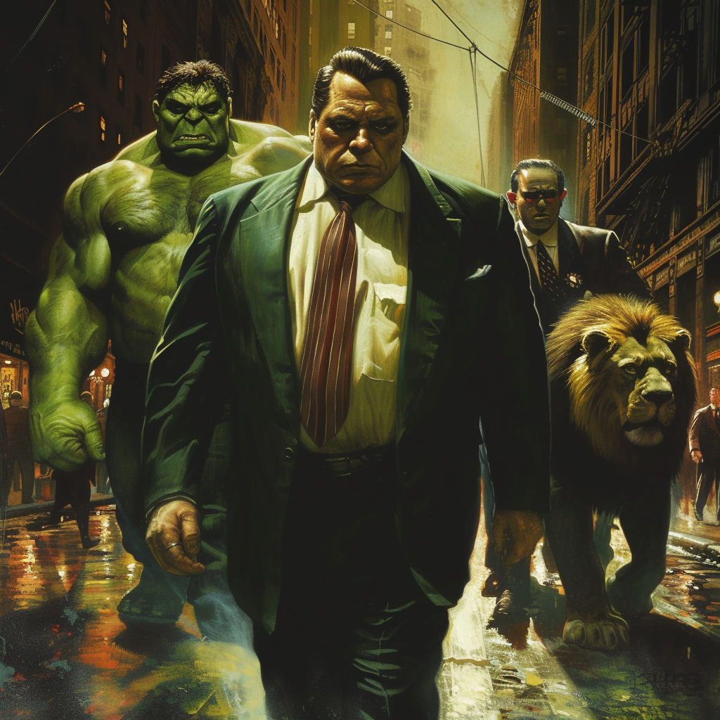 Mafia King Jimmy Hoffa walking with Hulk and Lion