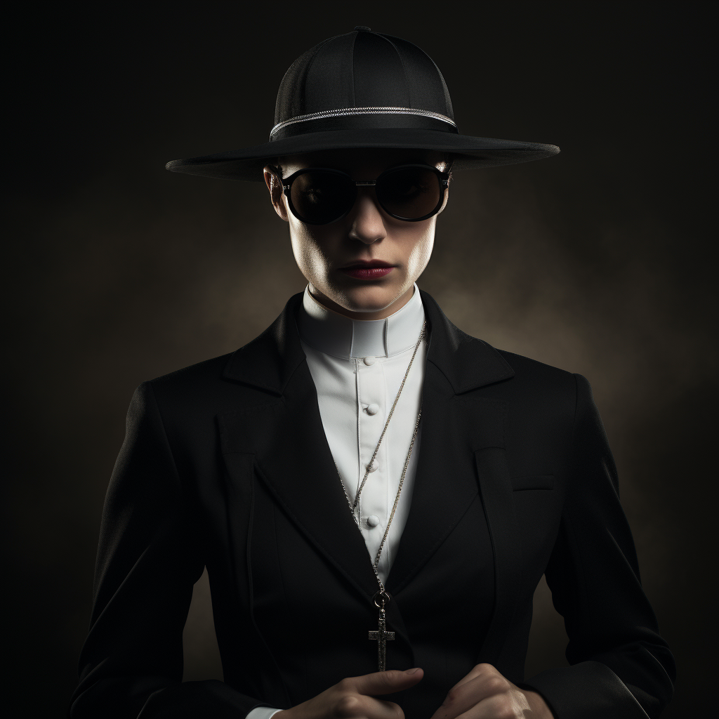 Image of a nun dressed as a mafia boss