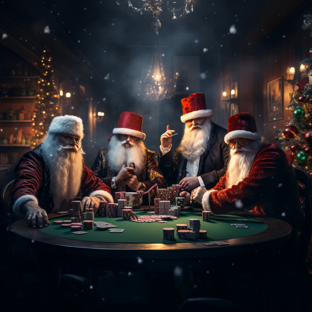 Mafiosi in Santa Claus hats at gaming table