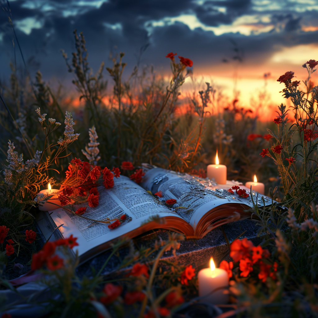 Magazine on pages with red flowers and evening sky