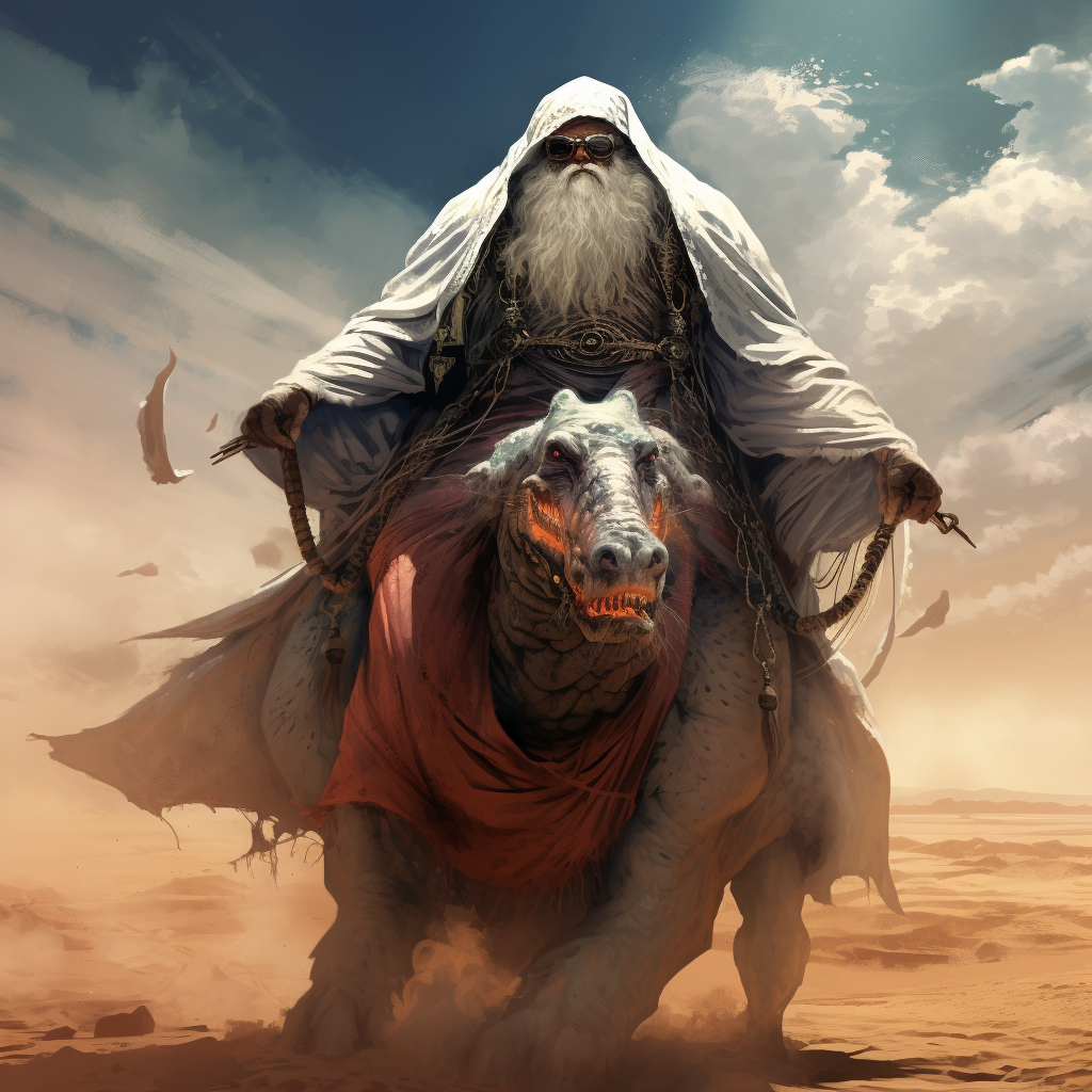 Hooded evil mage riding a camel