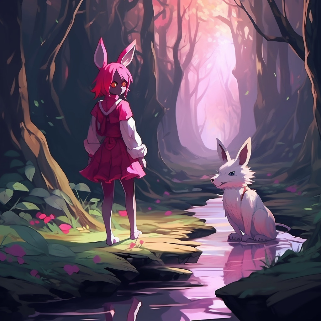 Cute anthro wolf and bunny walking in forest