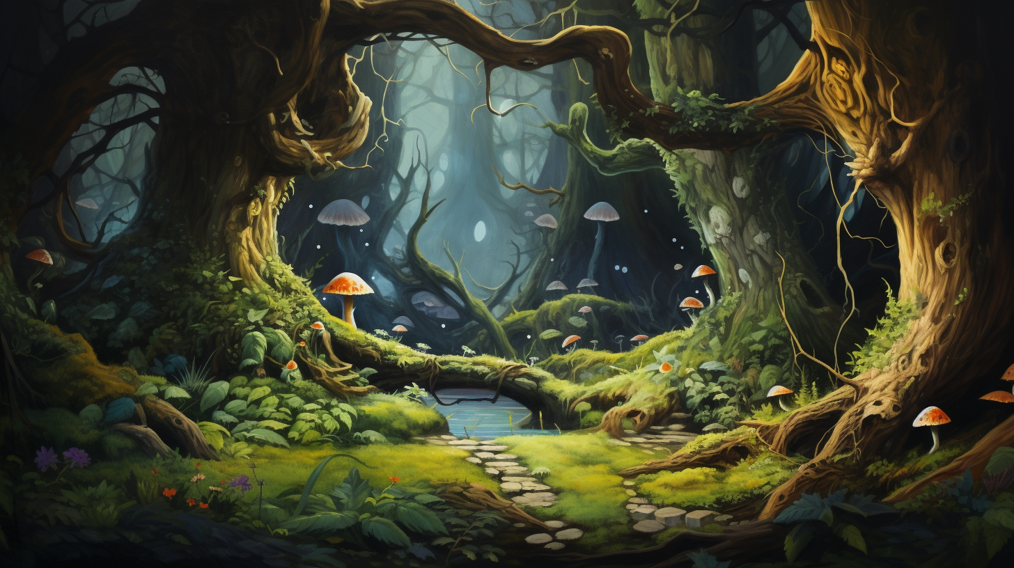 Dreamy magic forest with royal colors