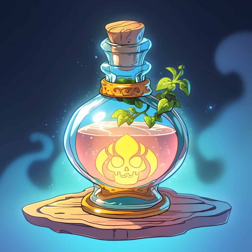 Brightly lit magic healing health potion on table