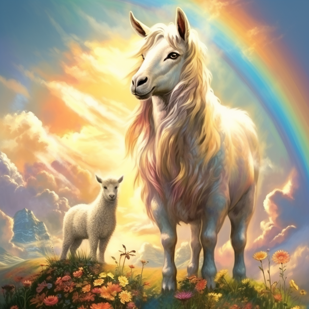 Beautiful Magic Horse with Rainbow and Goat