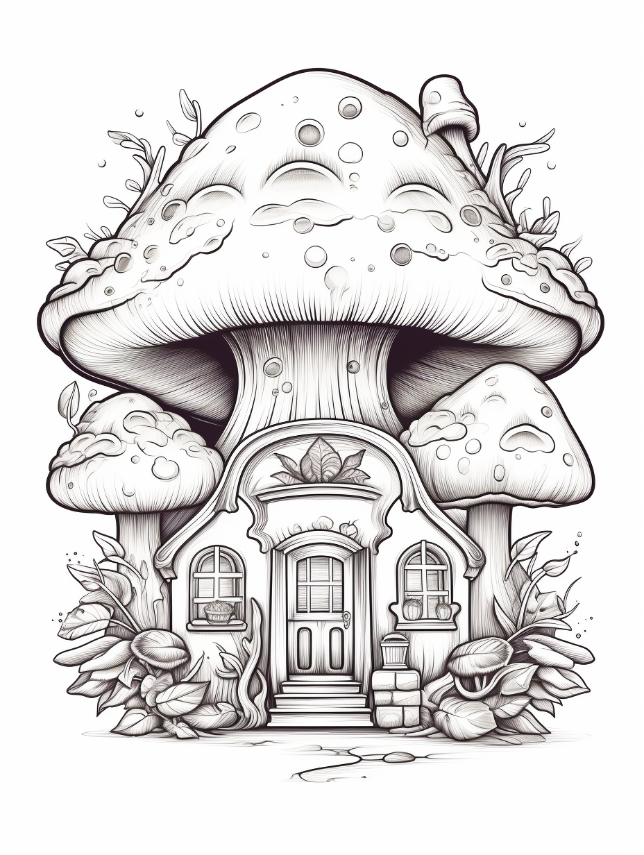 Magical mushroom storefront coloring book illustration