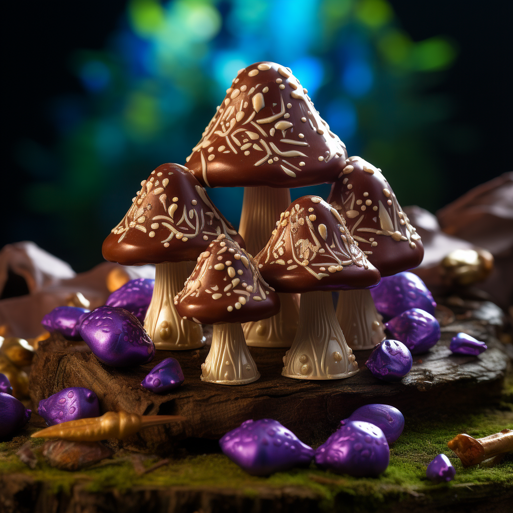 Delectable magic mushroom chocolates in colorful packaging