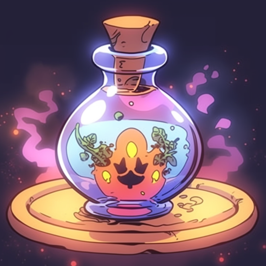 Illustration of a magical potion with a cat symbol