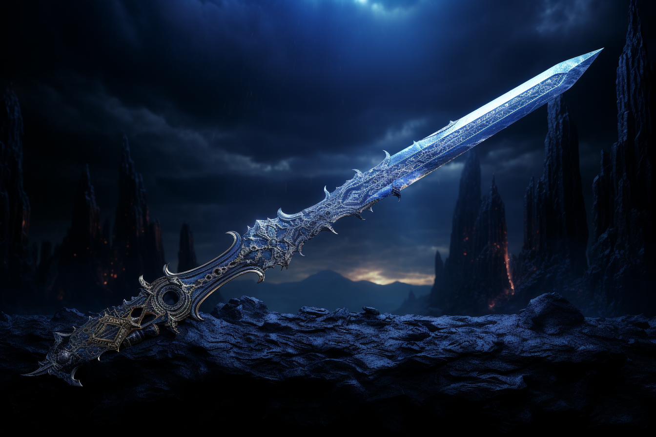 3D magic sword Excalibur in dark blue landscape