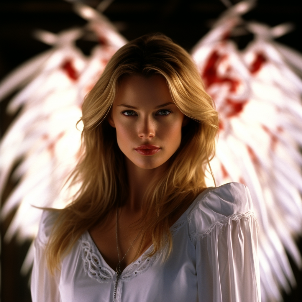 Rebecca Romijn in magical white dress with red wings