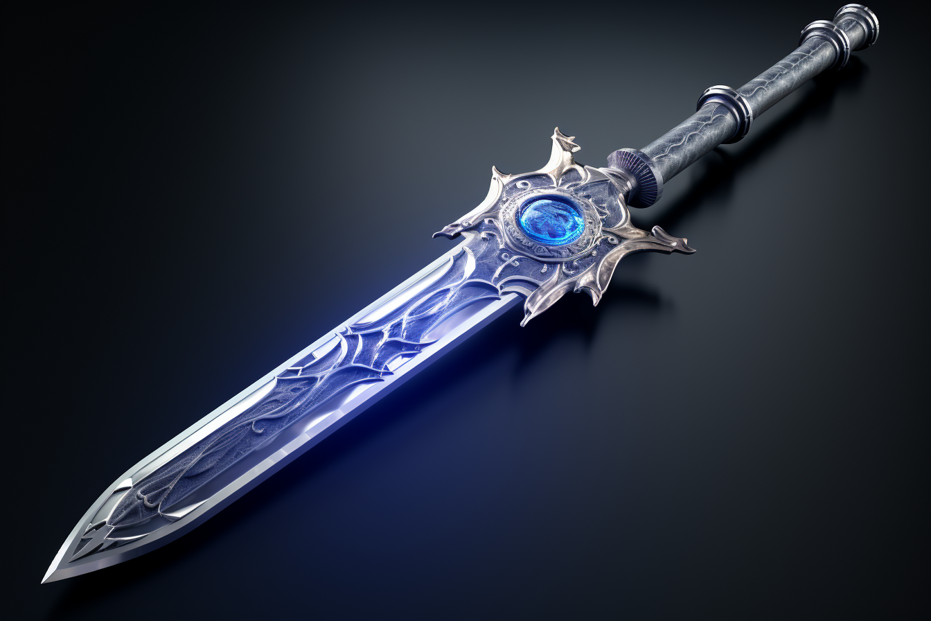 3D magic sword Excalibur in dark blue landscape