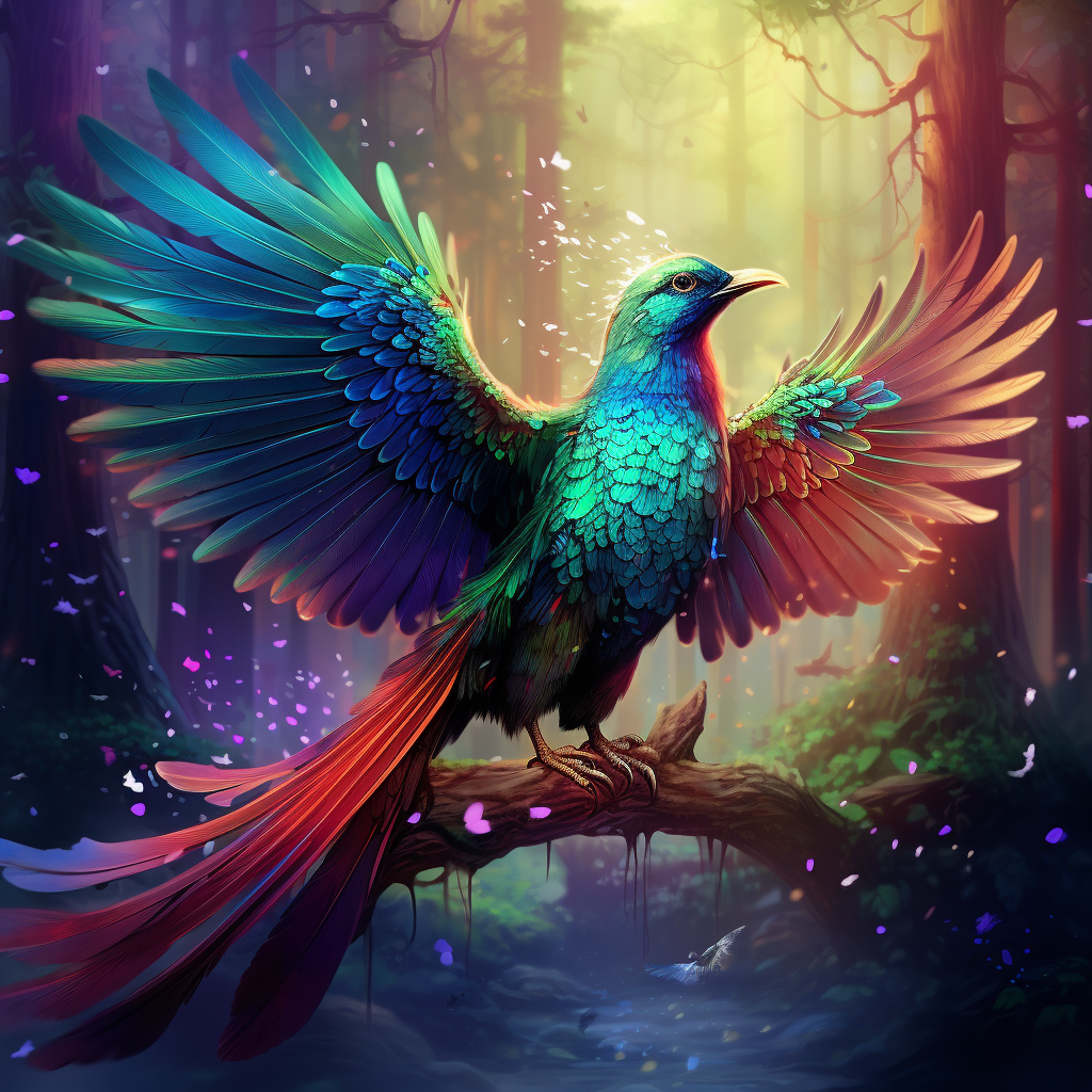 Fantasy bird with glowing rainbow wings flying