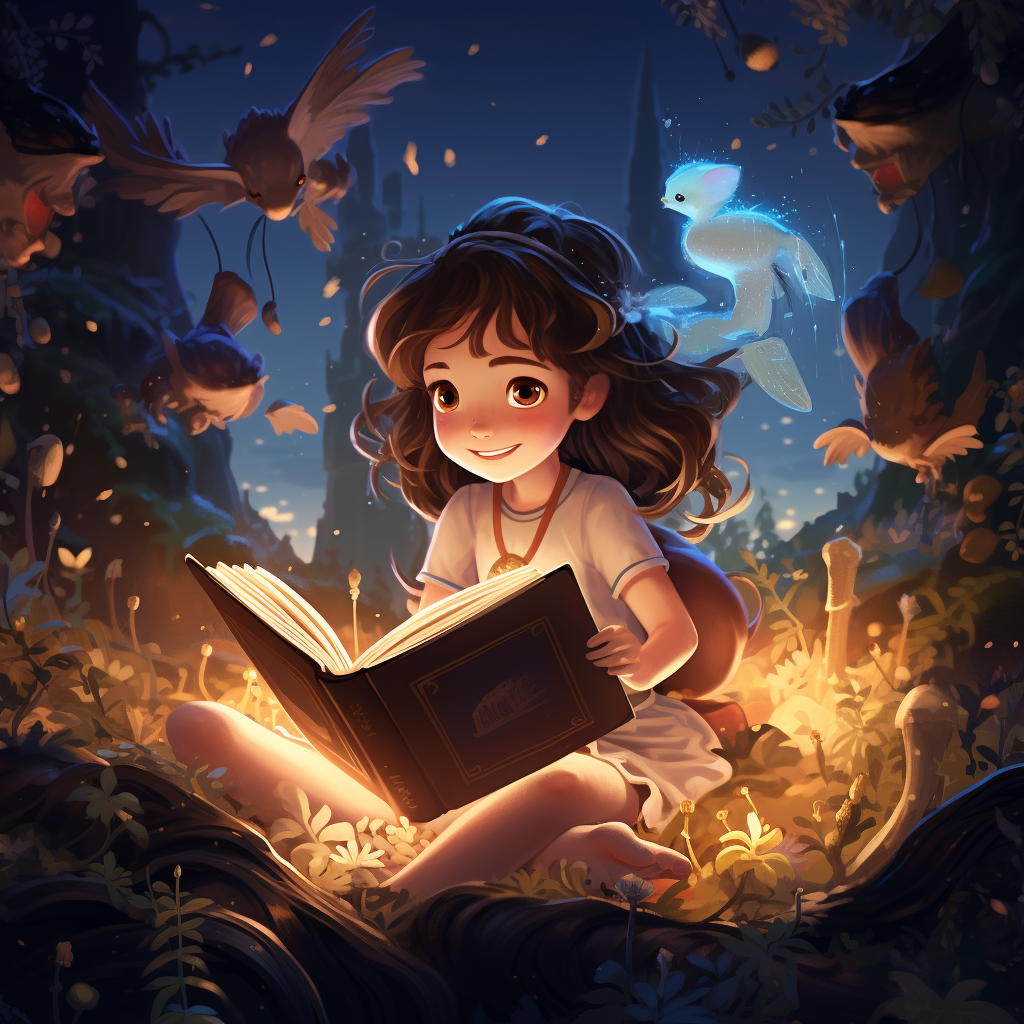 Cartoon girl with magical book for adventures