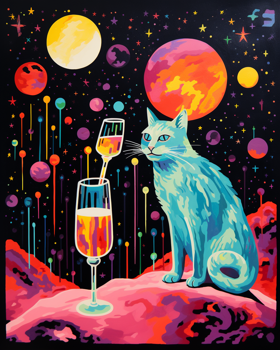 Imaginative risograph of a cat holding a glass of wine