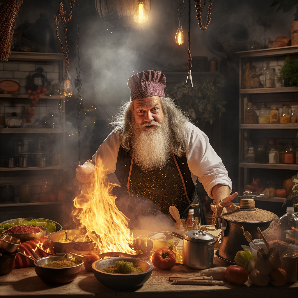 Cooking wizard preparing magical dishes