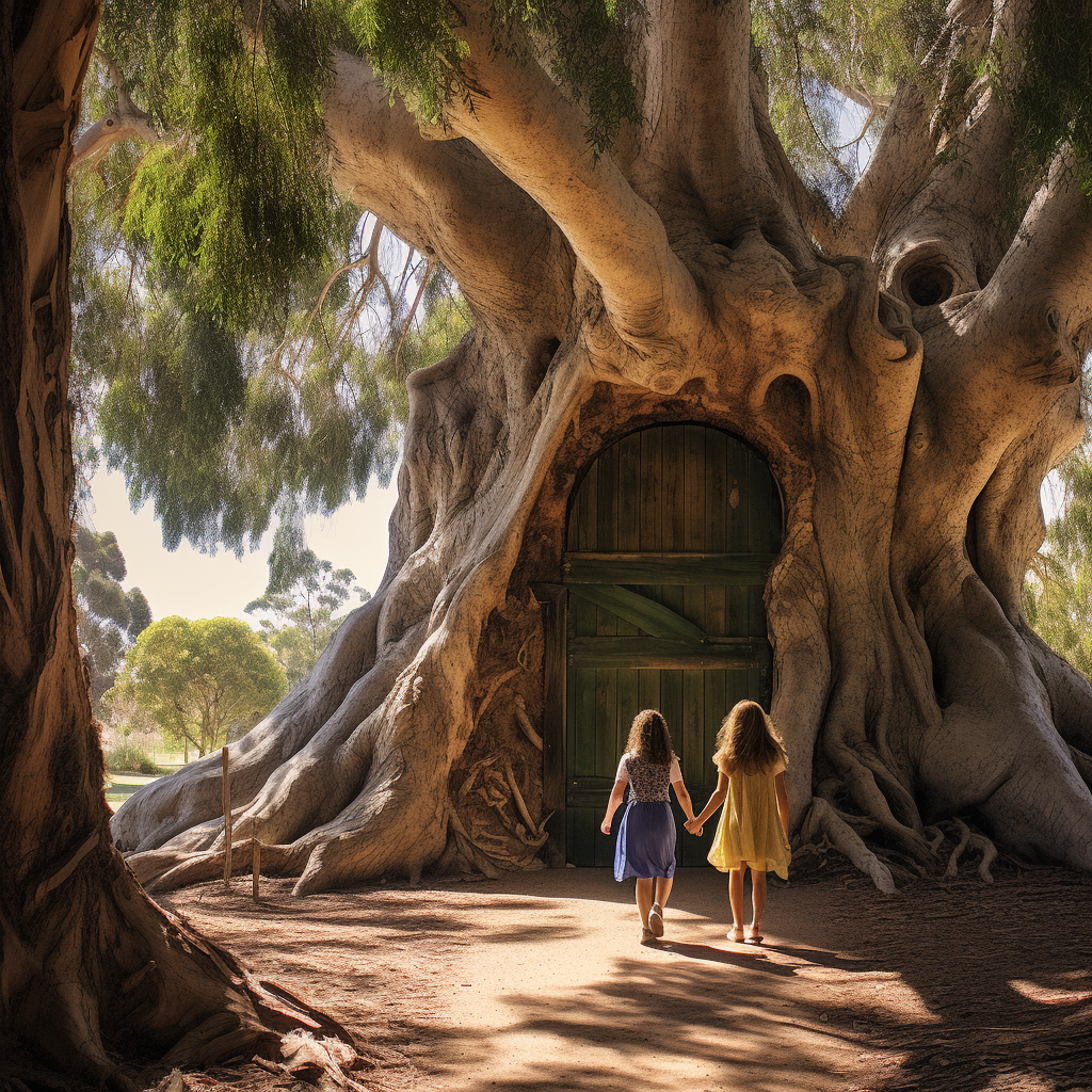 Happy mother and daughter by magical tree door