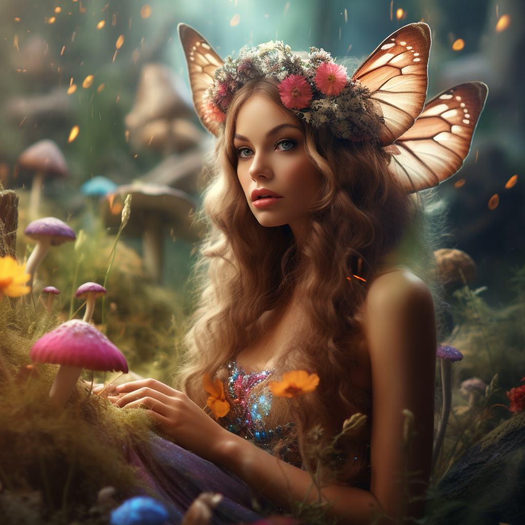 Beautiful fairy surrounded by mushrooms and wildflowers