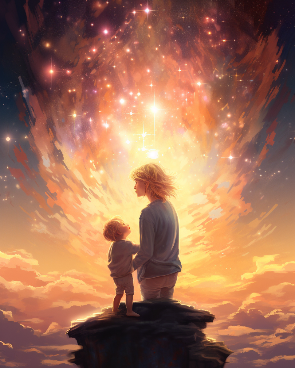 Young blond boy and giant mommy stargazing together