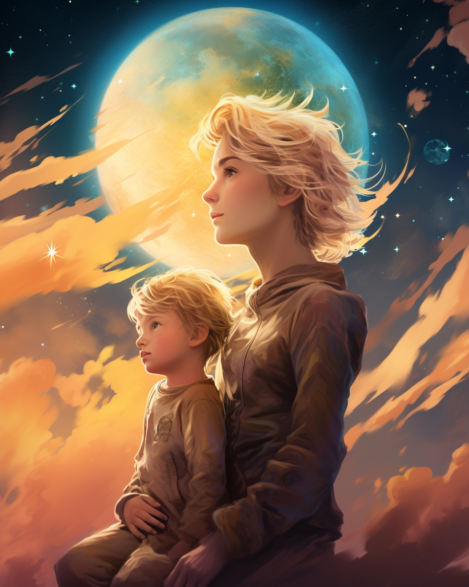 Young blond boy and super giant mommy gazing at the moon and planets