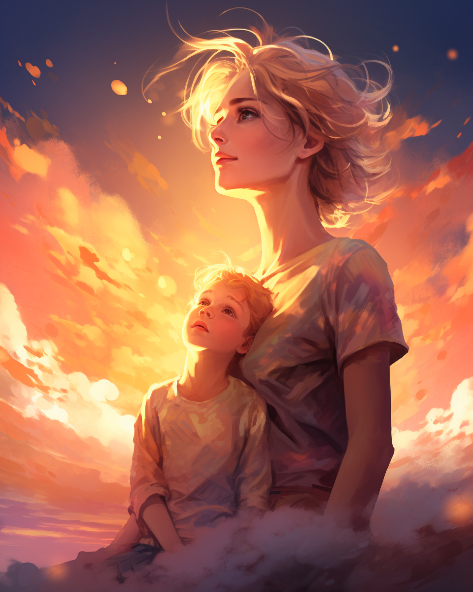 Young blond boy and his giant mommy in the clouds