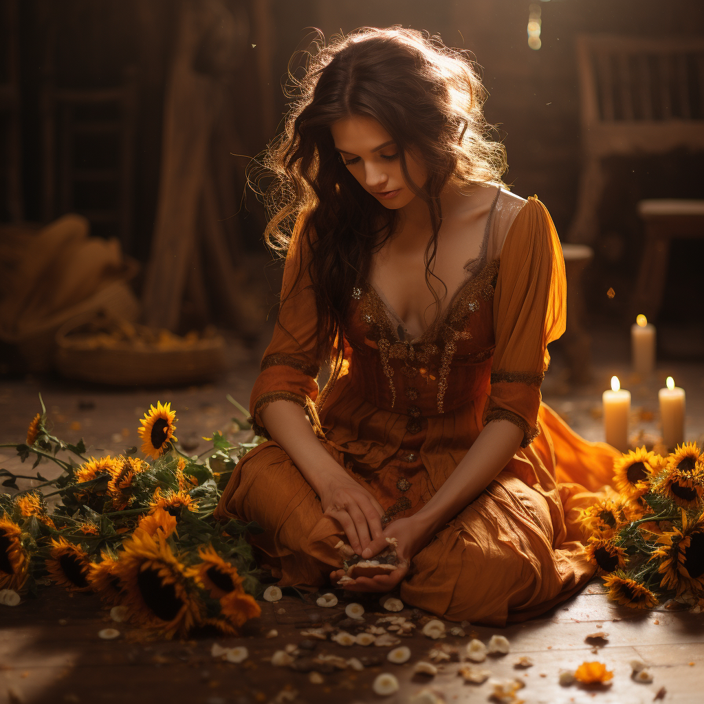 Woman casting magic with sunflowers