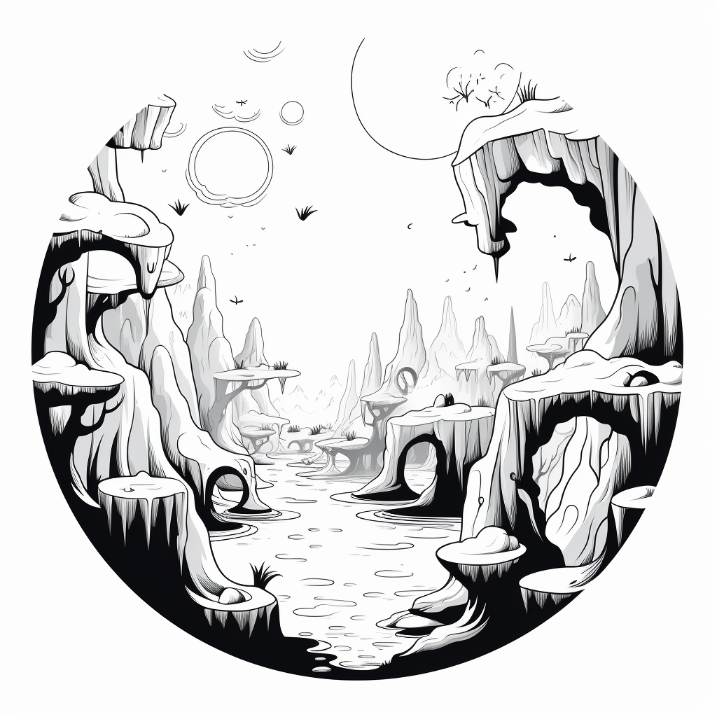 Black and white illustration of magical forest with caves