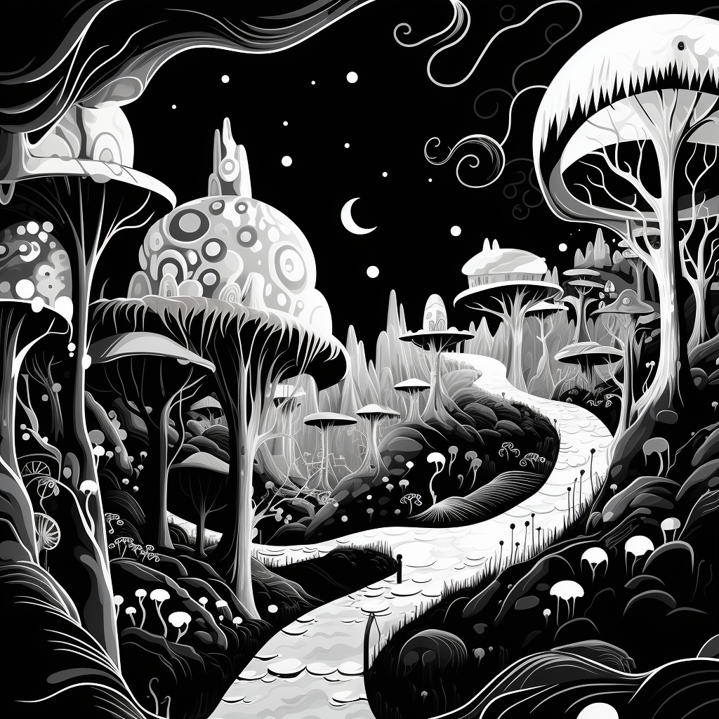 Black and white magical forest with caves