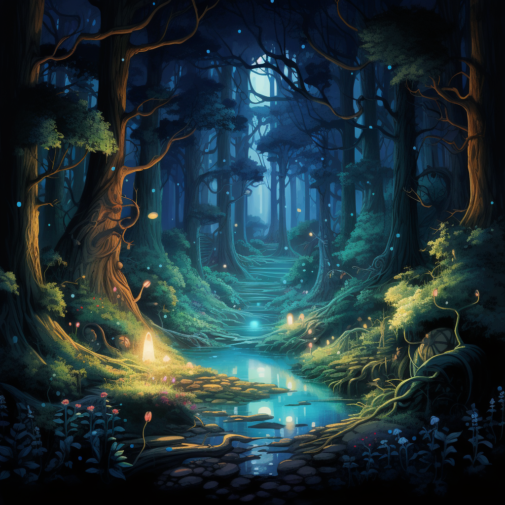 Stunning Nighttime Forest Illustration in Ghibli Style