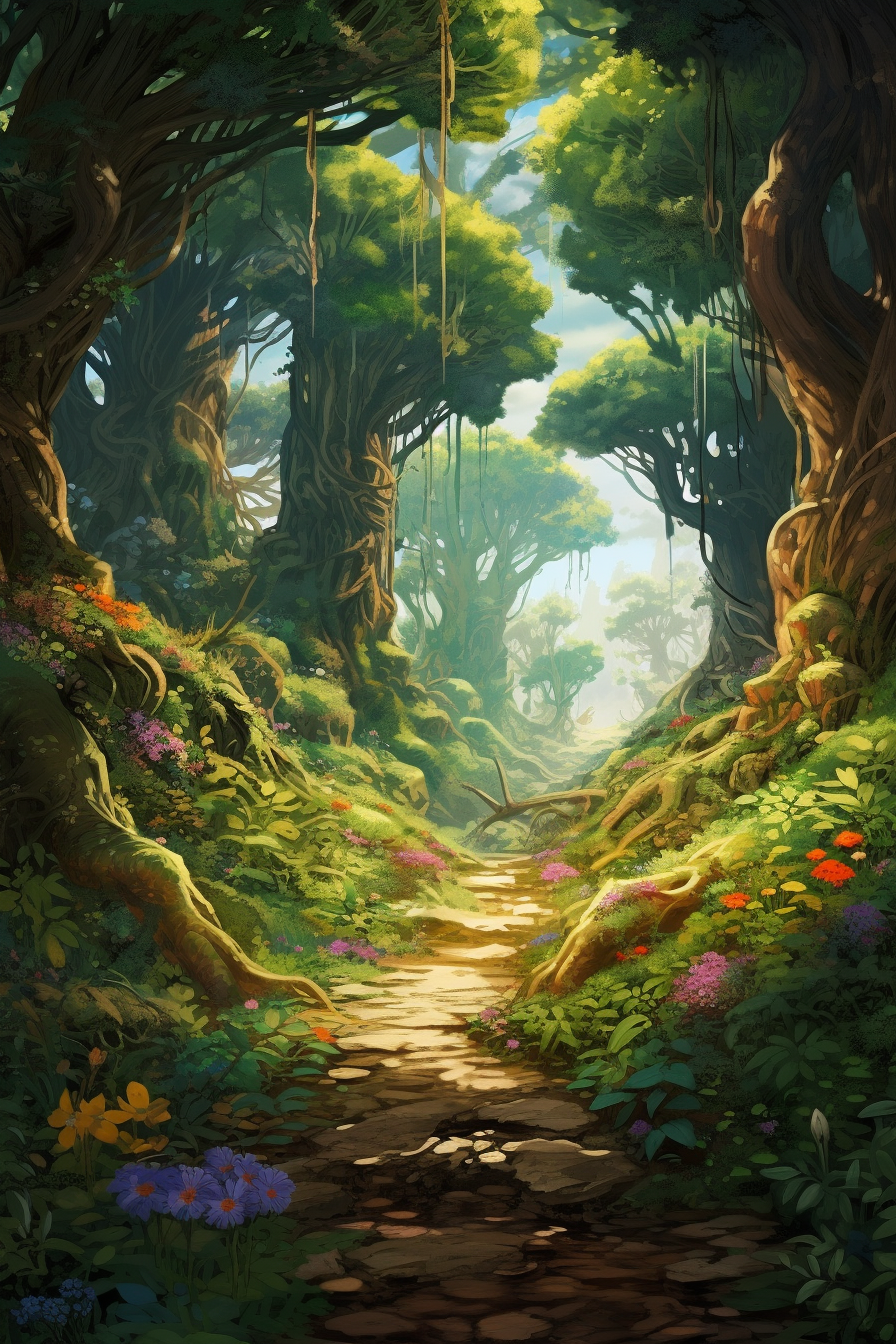 Enchanting scene of magical forest town with elves and fairies