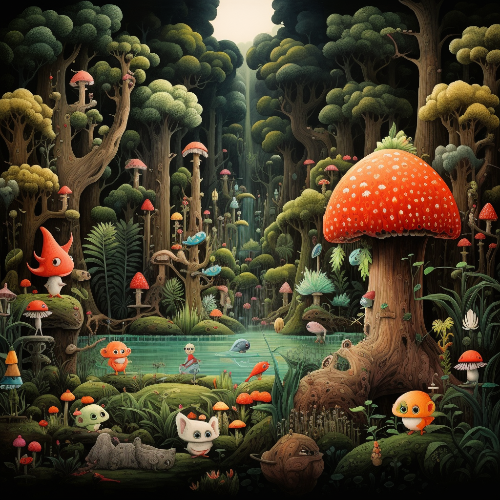 Adorable mushroom characters in a magical forest