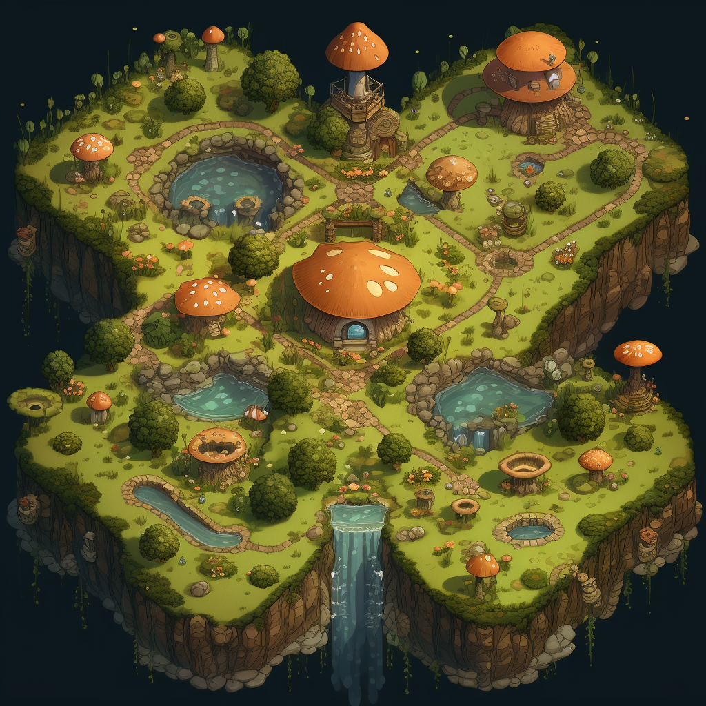 Top-down game map of magical mushroom land