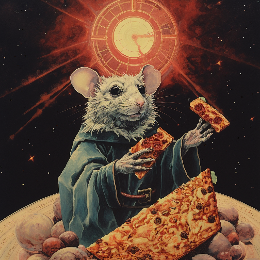 Illustration of a Magical Rat Praying to Geometric Pizza Slices