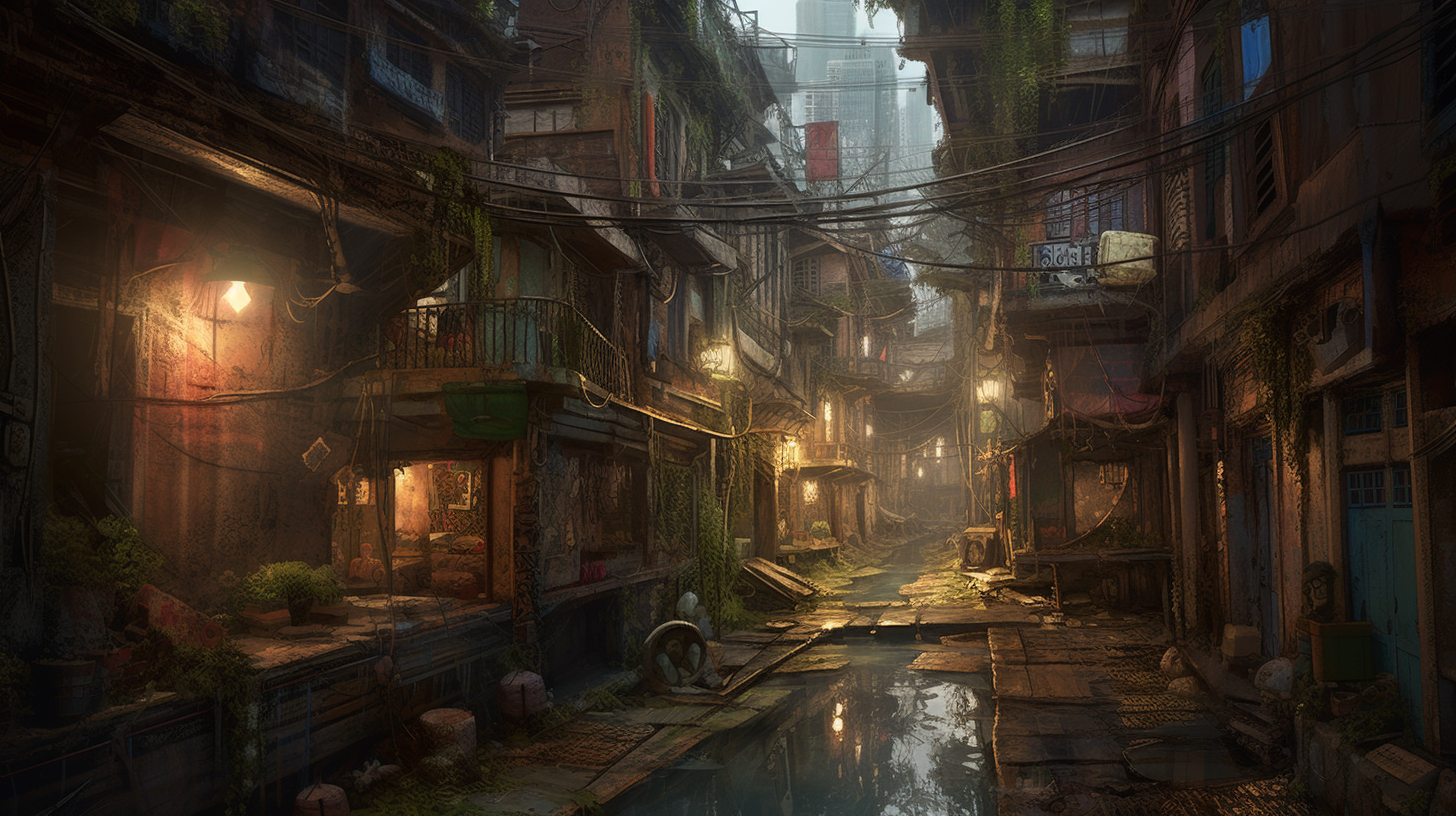 Desolate and mystical slums cityscape