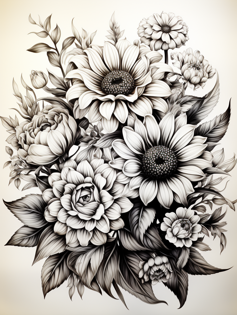 Black and white coloring book page of magical sunflower