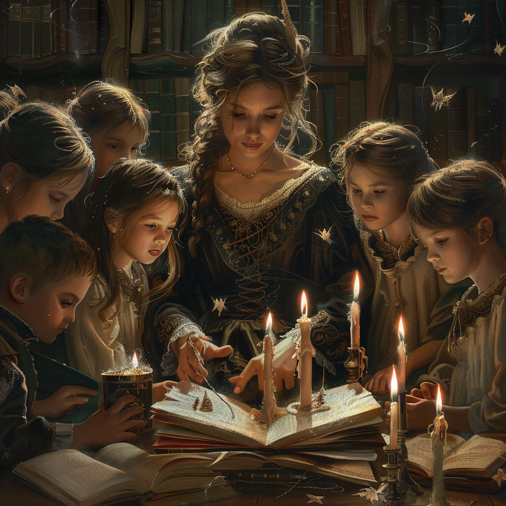 Magical teacher with students and books