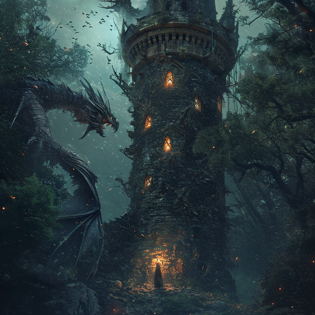 Magical Tower in Deep Forest with Cinematic Dragon