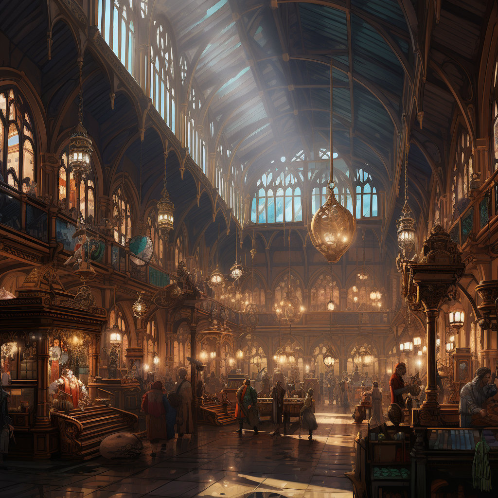 Vibrant scene of a buzzing magical trading hall